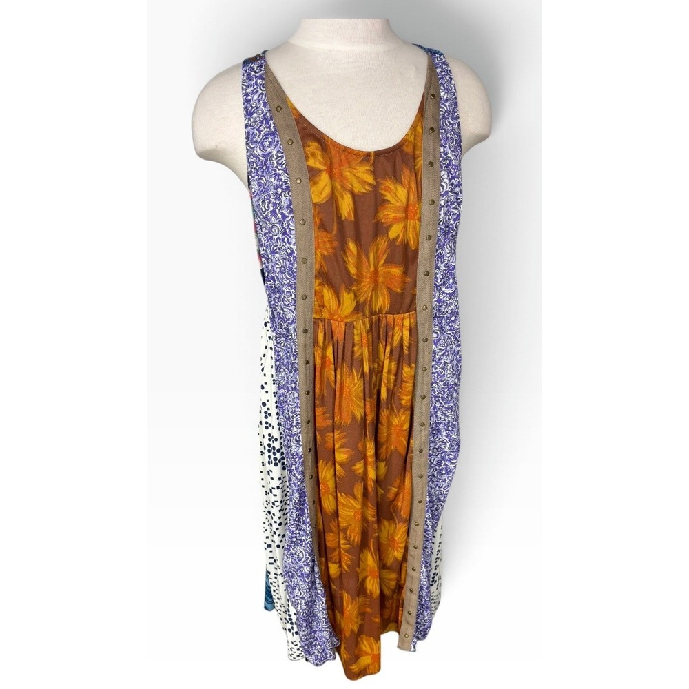 Burning Torch Mixed Print Midi Dress Floral Paisley Studded Boho Sleeveless